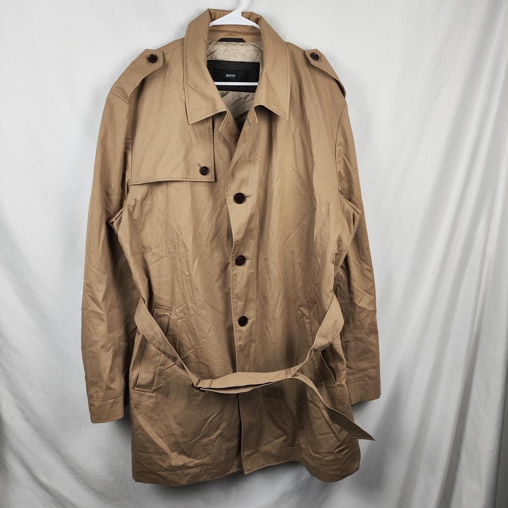 Hugo Boss The Flint Coat Mens 46R Beige Trench Belted Single Breasted Lined